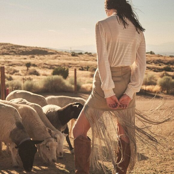 Stretch Faux Suede Fringe Detail Mini Sage Green - Picture 8 of 13